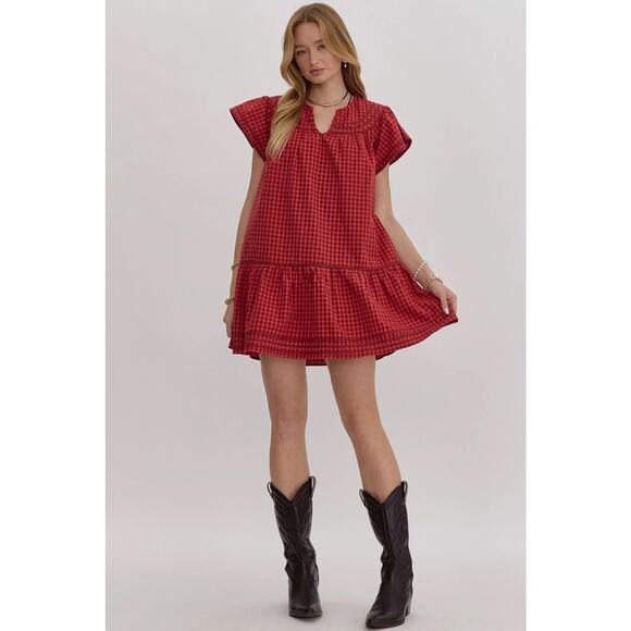 Entro Play It Cool Dress Red Gingham Southern Classy Preppy Colorful Teacher L - Picture 1 of 6